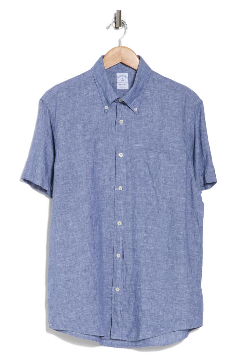 Sport Fit Linen Short Sleeve Button-Down Shirt, Alternate, color, DENIM BLUE