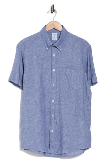Brooks Brothers Sport Fit Linen Short Sleeve Button-down Shirt In Blue