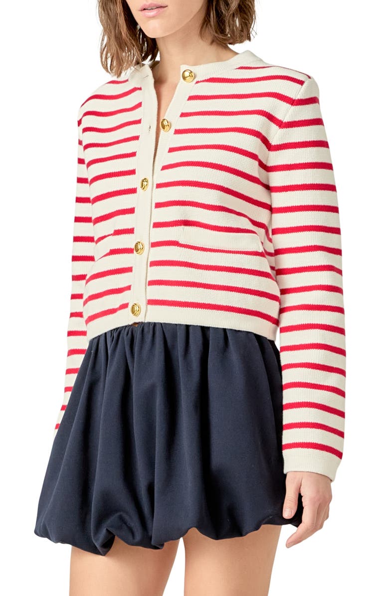 English Factory Stripe Cotton Cardigan, Alternate, color, Off White/ Red
