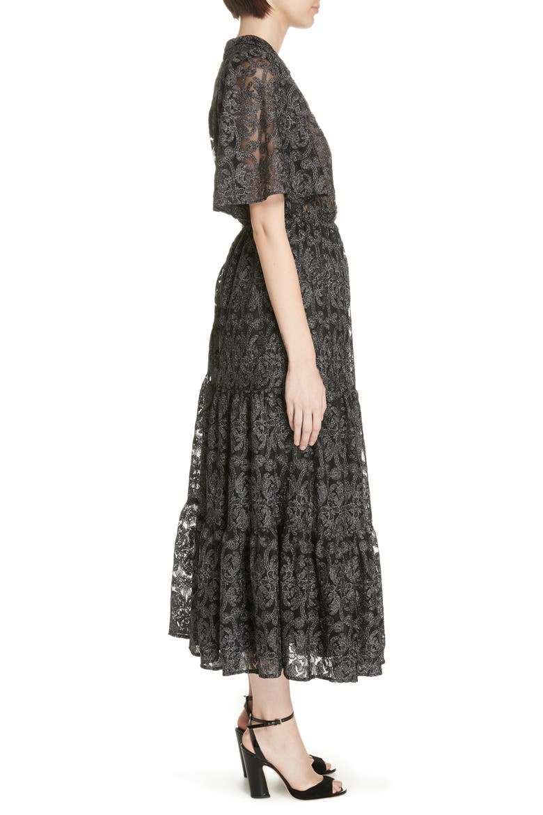 metallic embroidered midi dress, Alternate, color, BLACK
