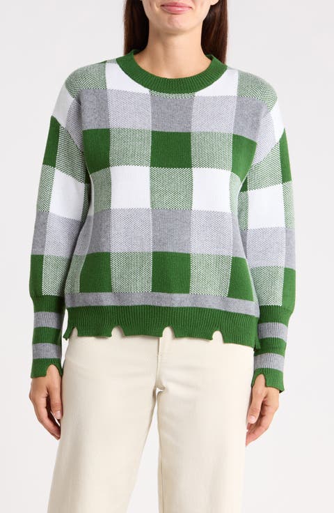 Plaid Distressed Crewneck Sweater