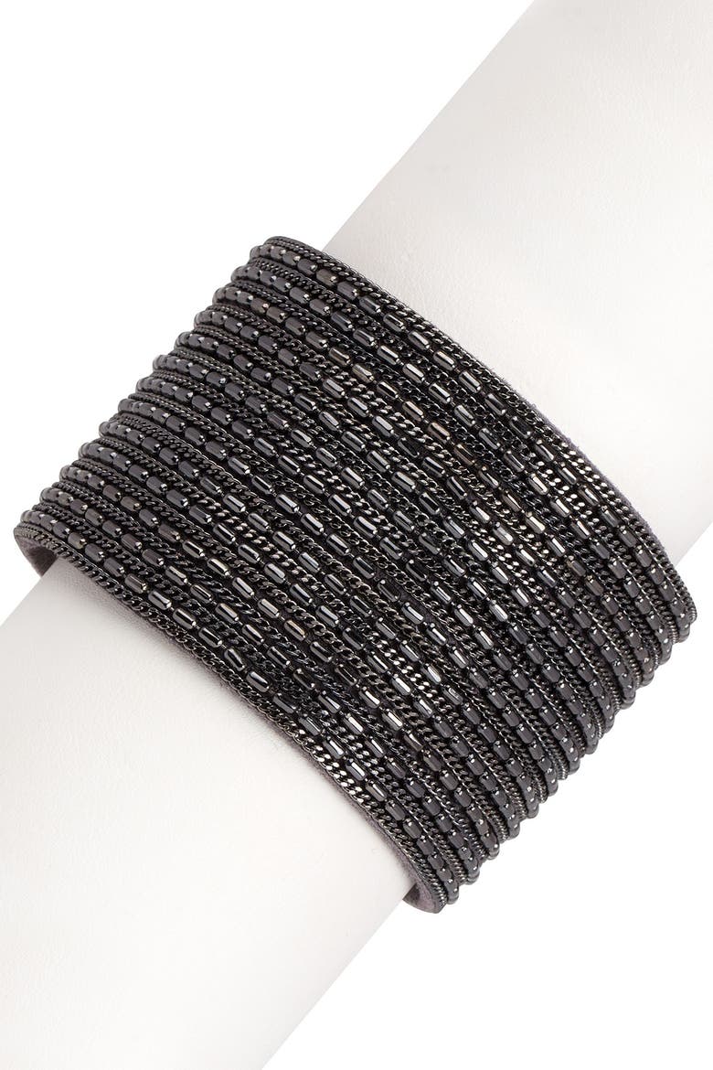 Rock 'n' Roll Chain Detailed Leather Cuff Bracelet, Alternate, color, BLACK