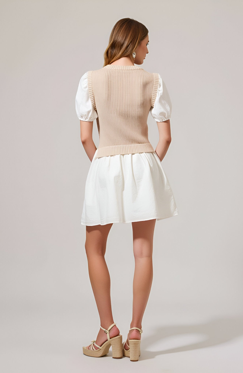 Modenaire Ribbed Sleeveless Sweater Dress With Puff Sleeves In White