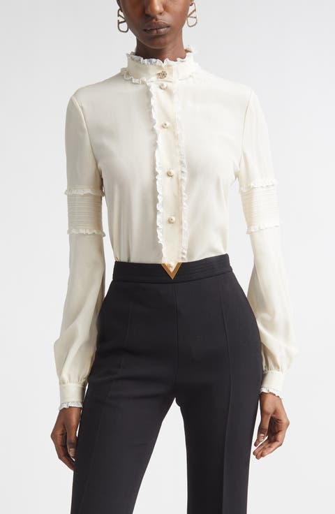 Lace Ruffle Silk Crêpe de Chine Button-Up Shirt