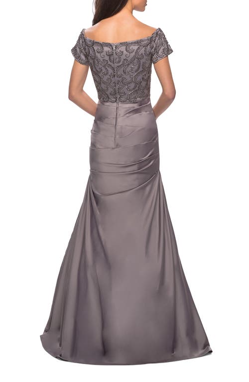 La Femme Satin Off The Shoulder Dress With Beaded Sleeves In Silver