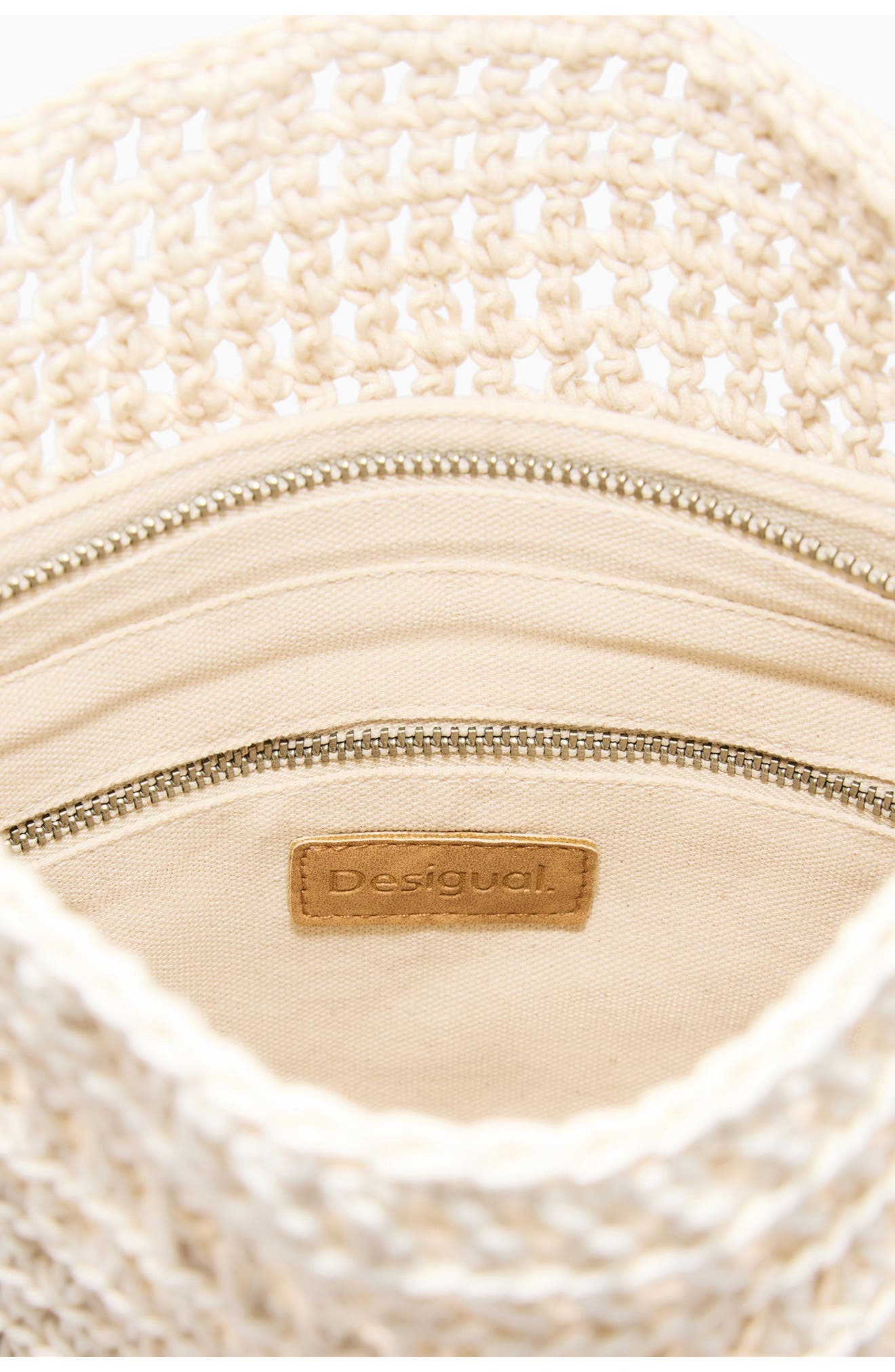 Desigual Crochet Flower Cotton Shoulder Bag, Alternate, color, Light Beige