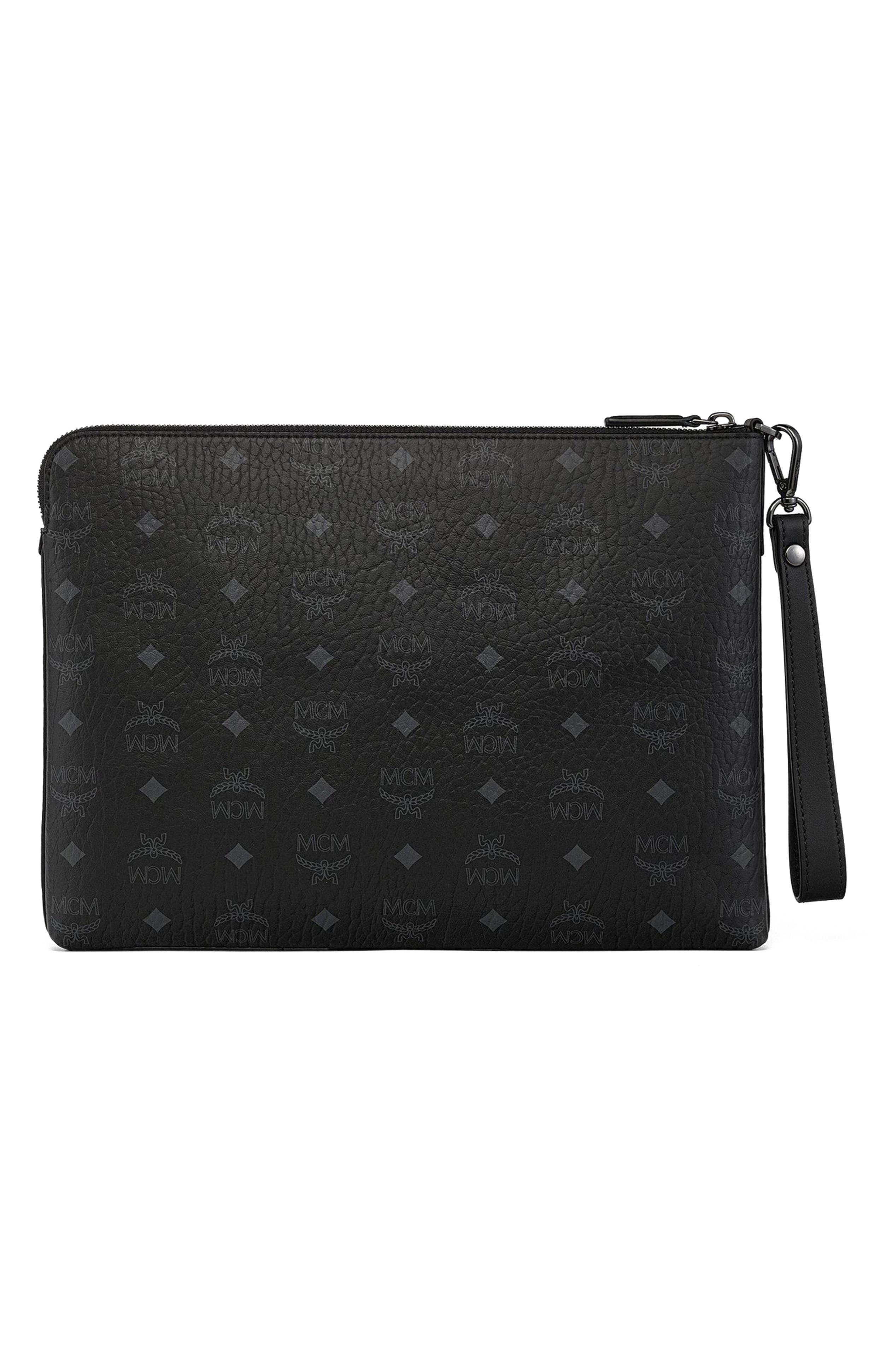 MCM Diamond Wristlet Pouch in Visetos, Alternate, color, Black