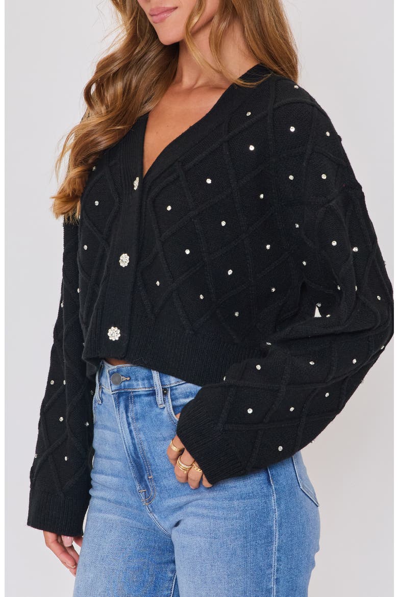 Holiday Shine Rhinestone Diamond Stitch Cardigan, Alternate, color, BLACK
