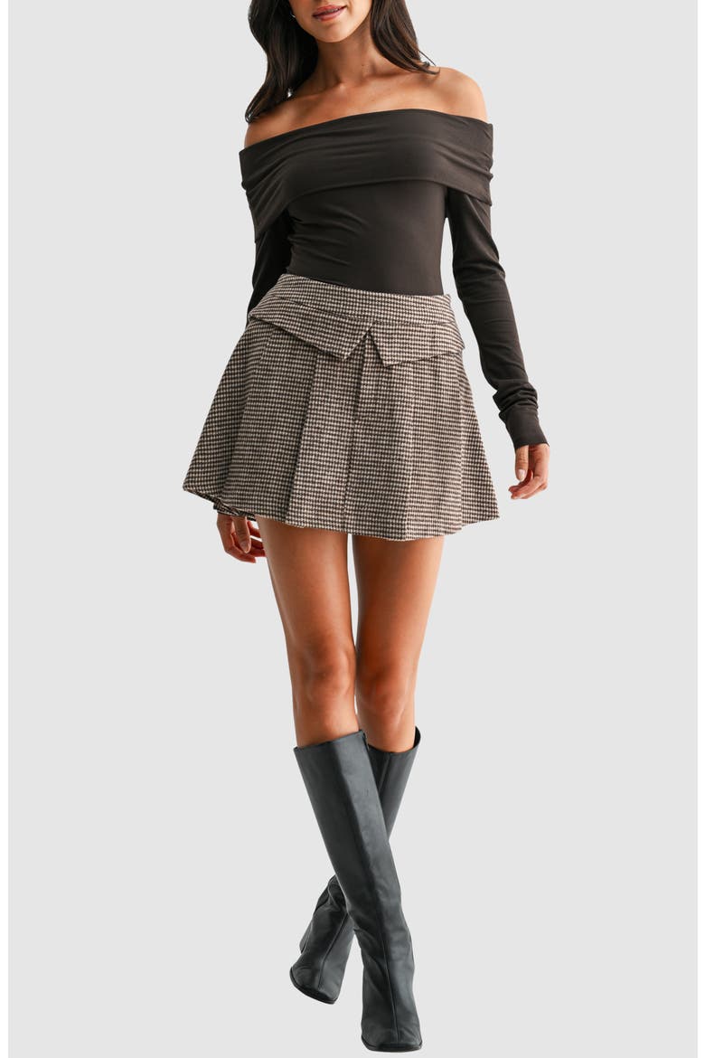 Houndstooth Pleated Miniskirt, Alternate, color, BROWN