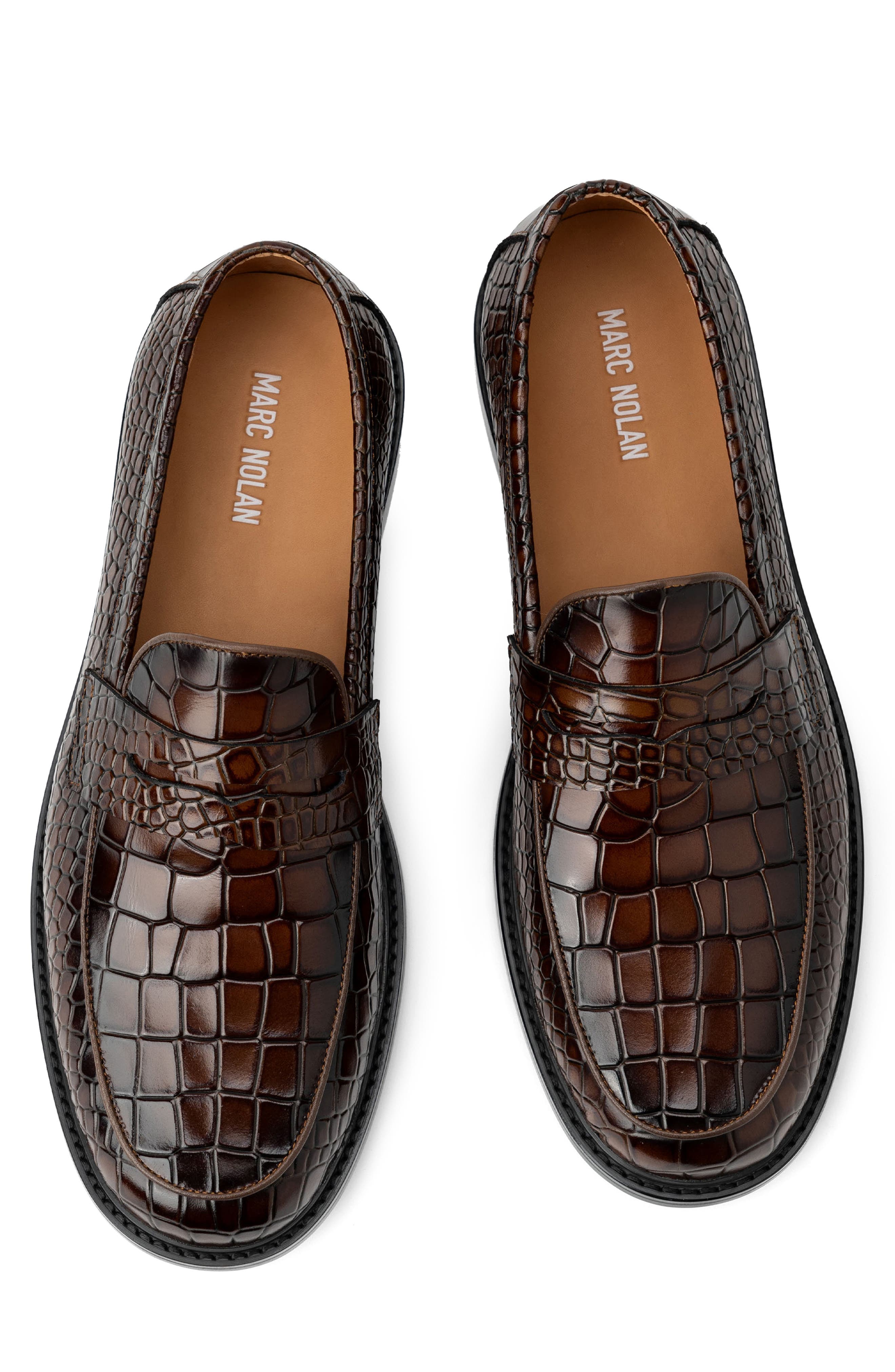MARC NOLAN Calum Croc Embossed Penny Loafer, Alternate, color, Brown Croc Embossed