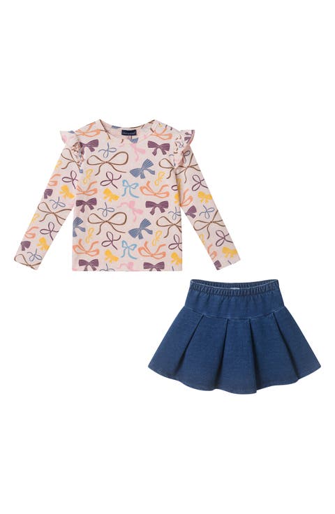 Kids' Bow Print Ruffle Shoulder Tee & Skirt Set