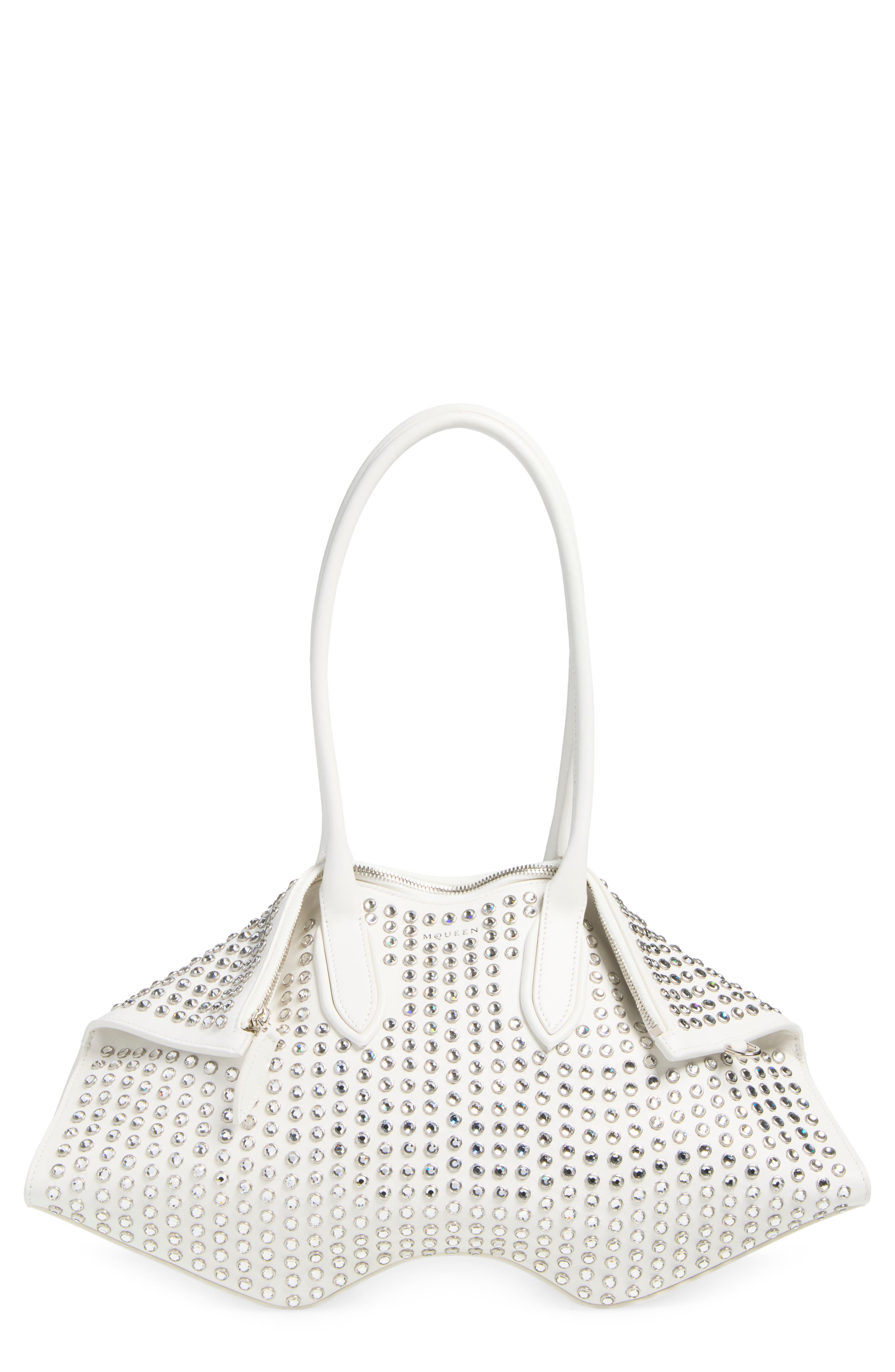 Manta Crystal Studded Leather Shoulder Bag, Main, color, WHITE/ SILVER