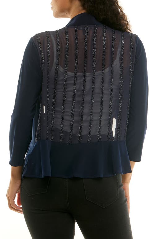 Nina Leonard Metallic Stripe Ruffle Trim Shrug In Blue