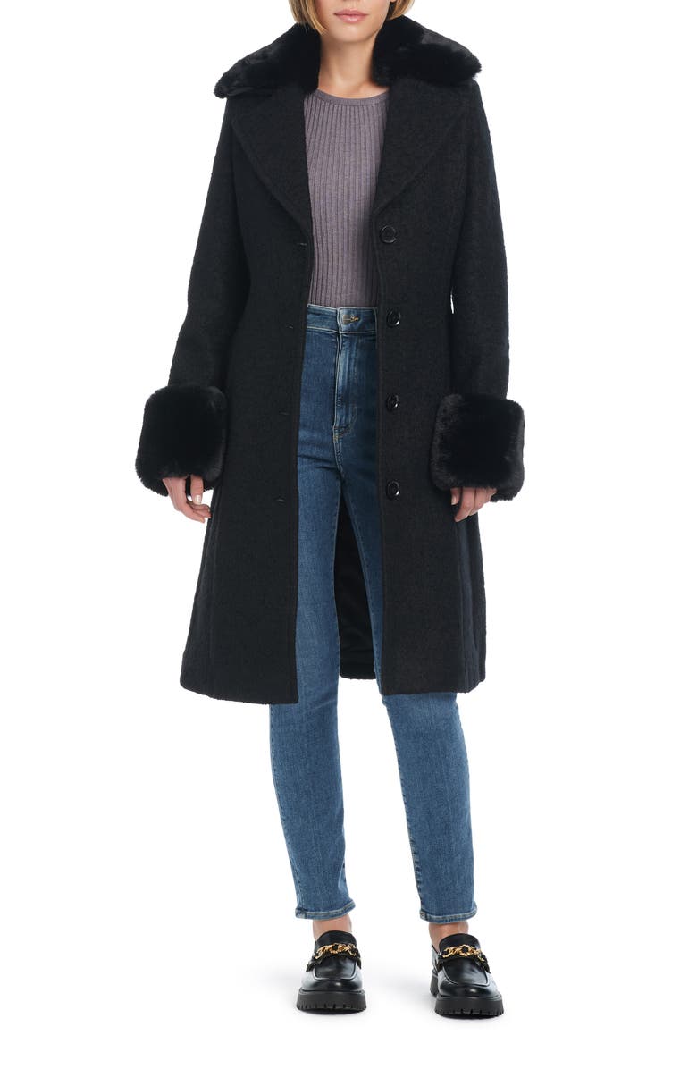 Kate Spade New York club belted wool blend coat with removable faux fur collar and cuffs, Alternate, color, Black