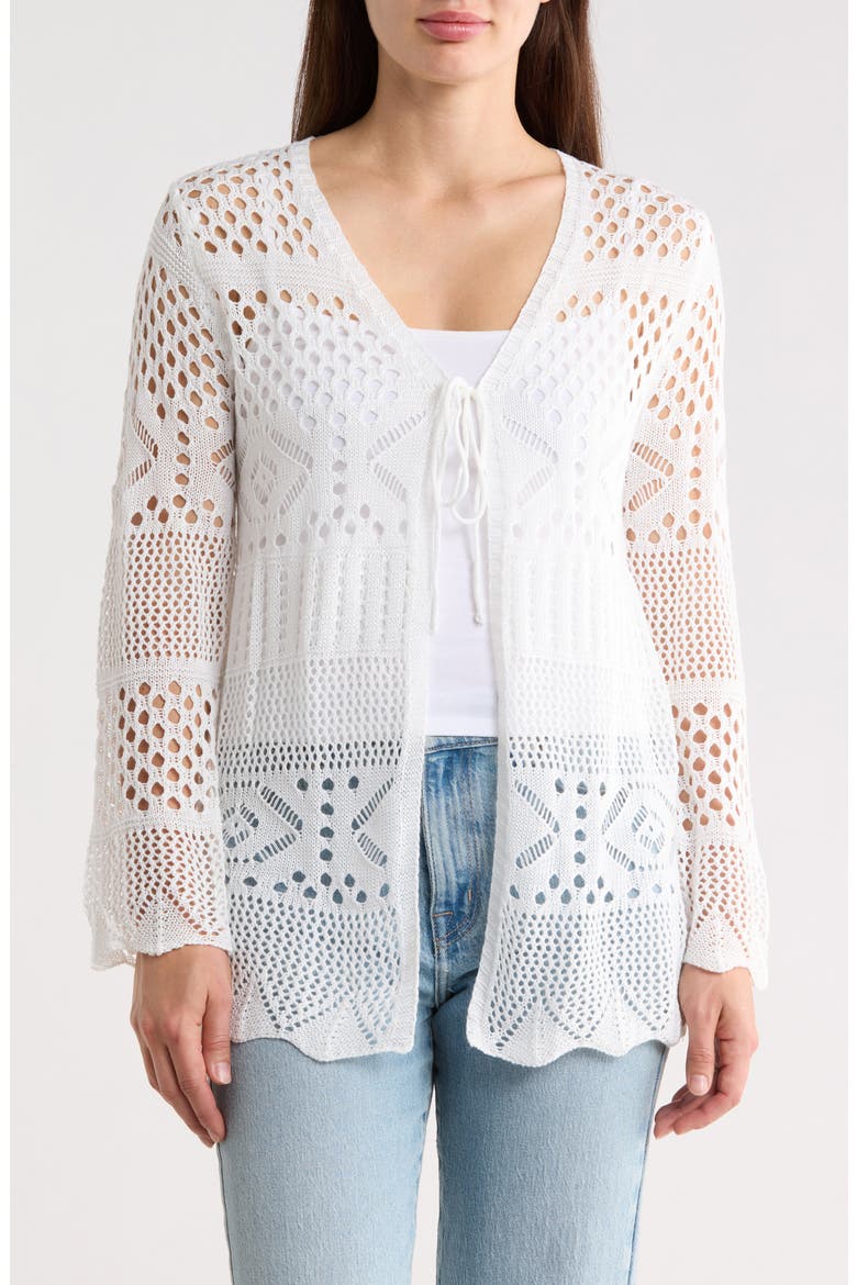 Tie Front Cotton Open Stitch Cardigan, Main, color, WHITE
