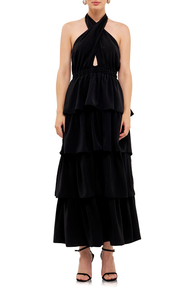 Halter Neck Tiered Maxi Dress, Main, color, BLACK