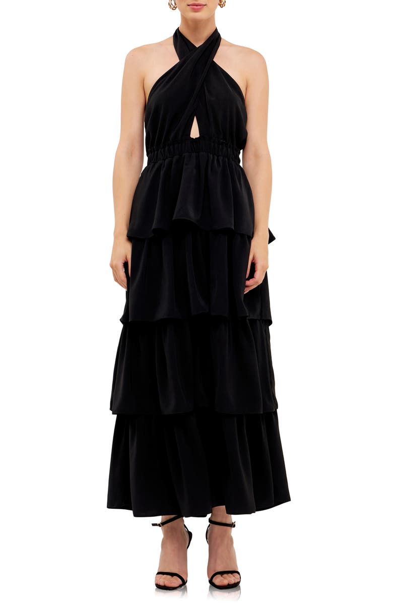 Endless Rose Halter Neck Tiered Maxi Dress, Main, color, Black
