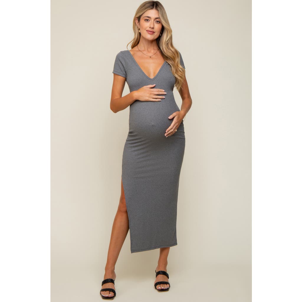 Pinkblush Basic Ribbed Side Slit Midi Dress In Gray