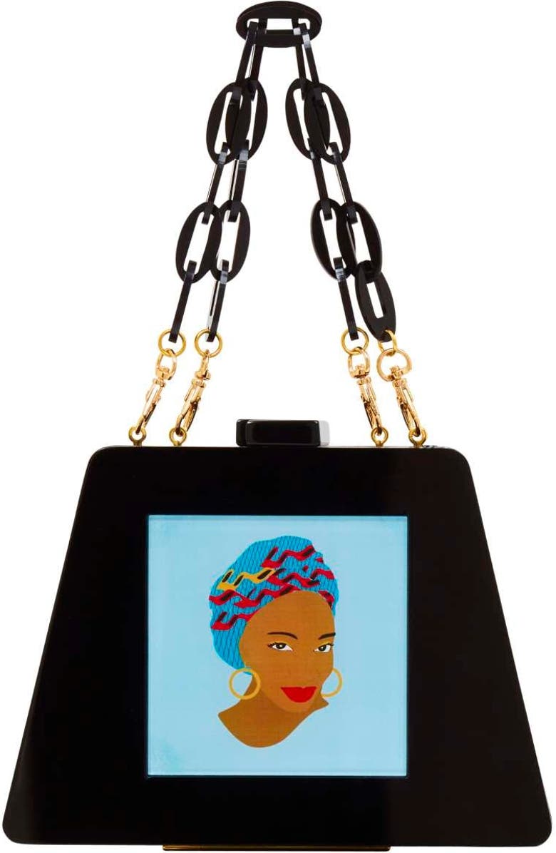 LarAllan Molly Acrylic Triangular Box Clutch w/strap, Main, color, Black