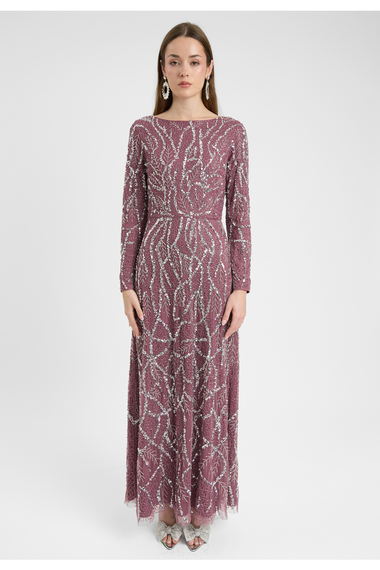 Modest Embellished Sequin Beaded Dress Maxi With A Line Bottom, Main, color, MAUVE