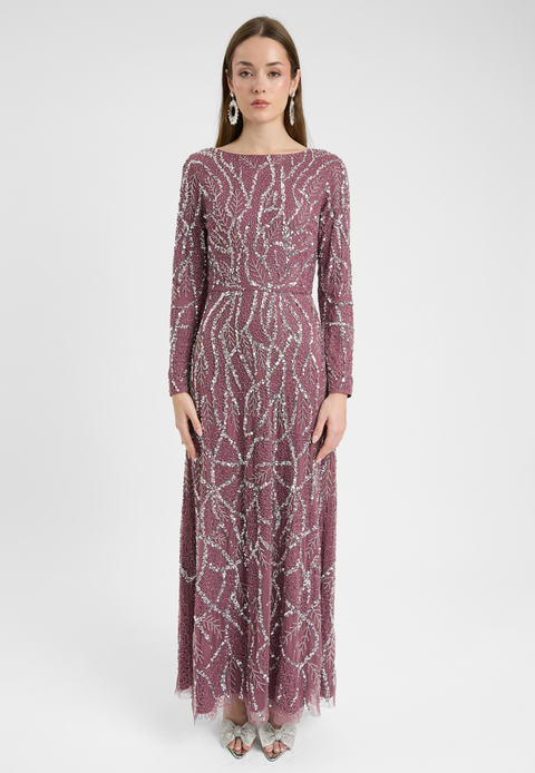 Modest Embellished Sequin Beaded Dress Maxi With A Line Bottom