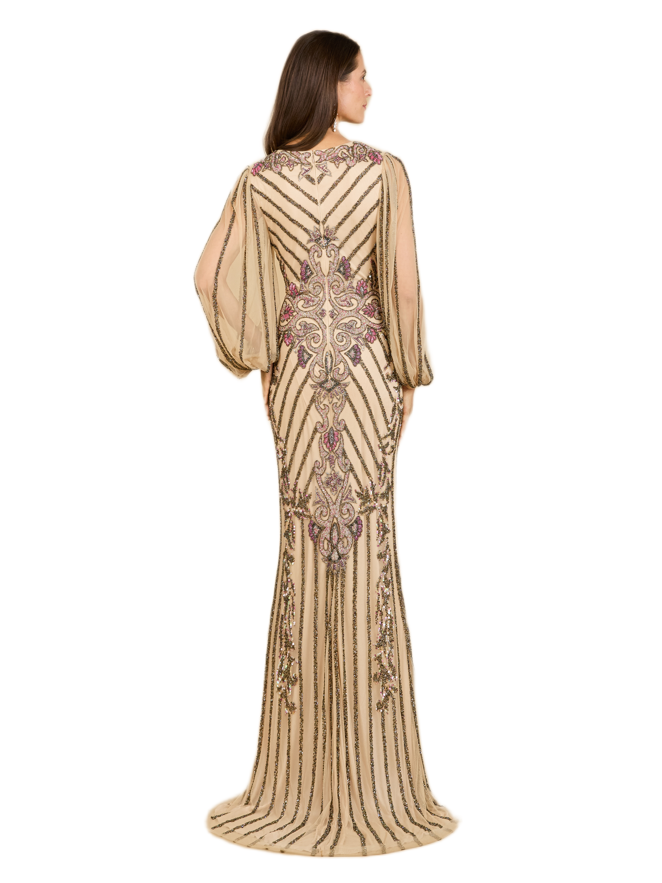 Long Flutter Sleeves Beaded Dress - image 2