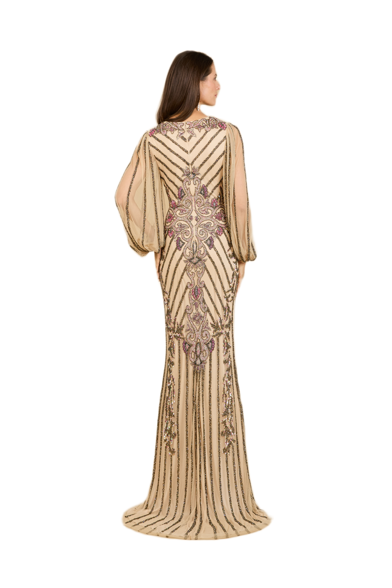 Long Flutter Sleeves Beaded Dress, Alternate, color, NudeMulti