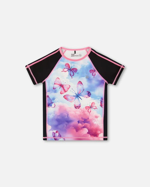 Deux Par Deux Girl's Printed Short Sleeve Athletic Top Pink, Black And Butterfly In Pink, Black And Butterfly