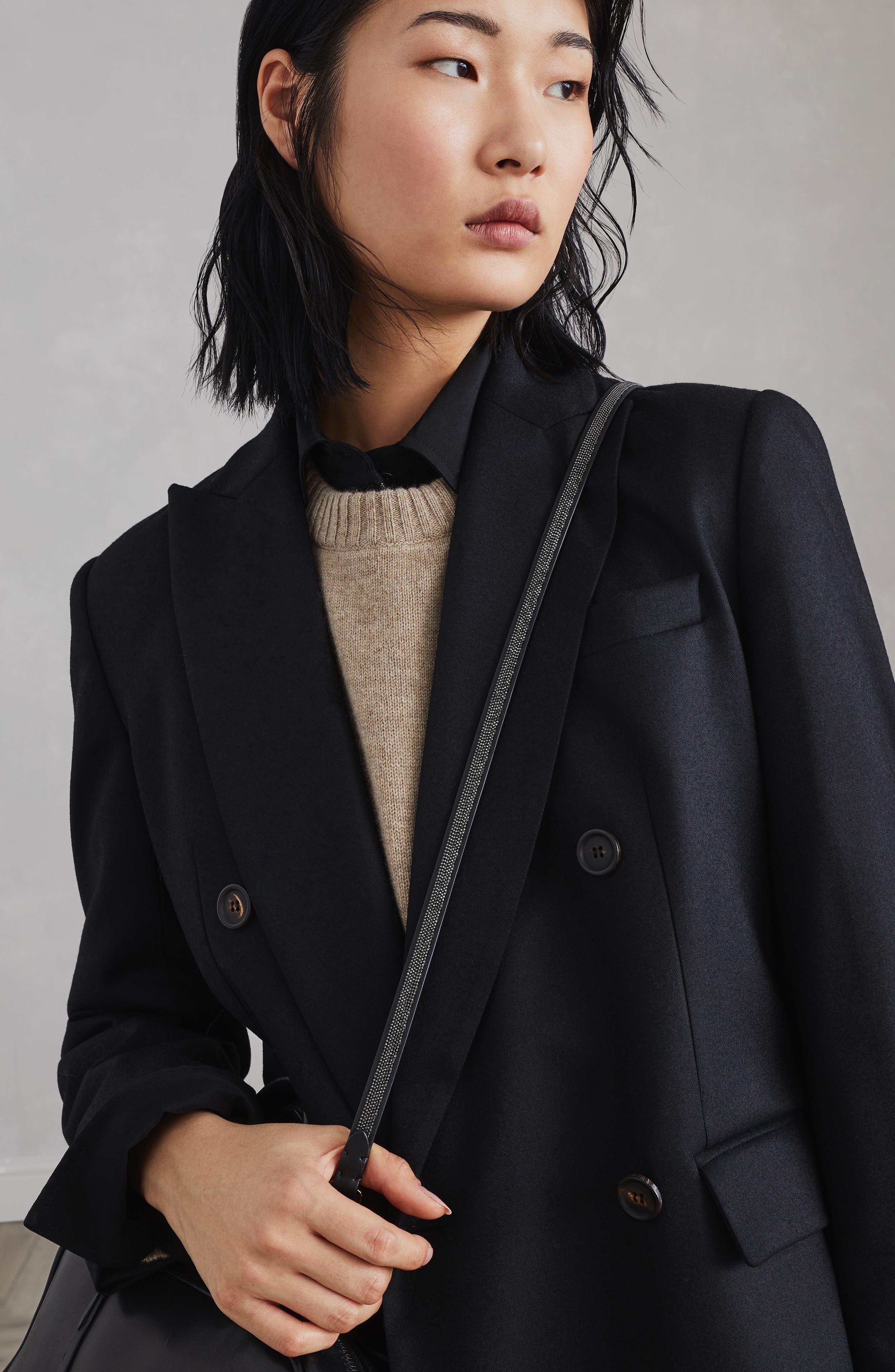 Brunello Cucinelli Precious shoulder strap in leather, Alternate, color, 