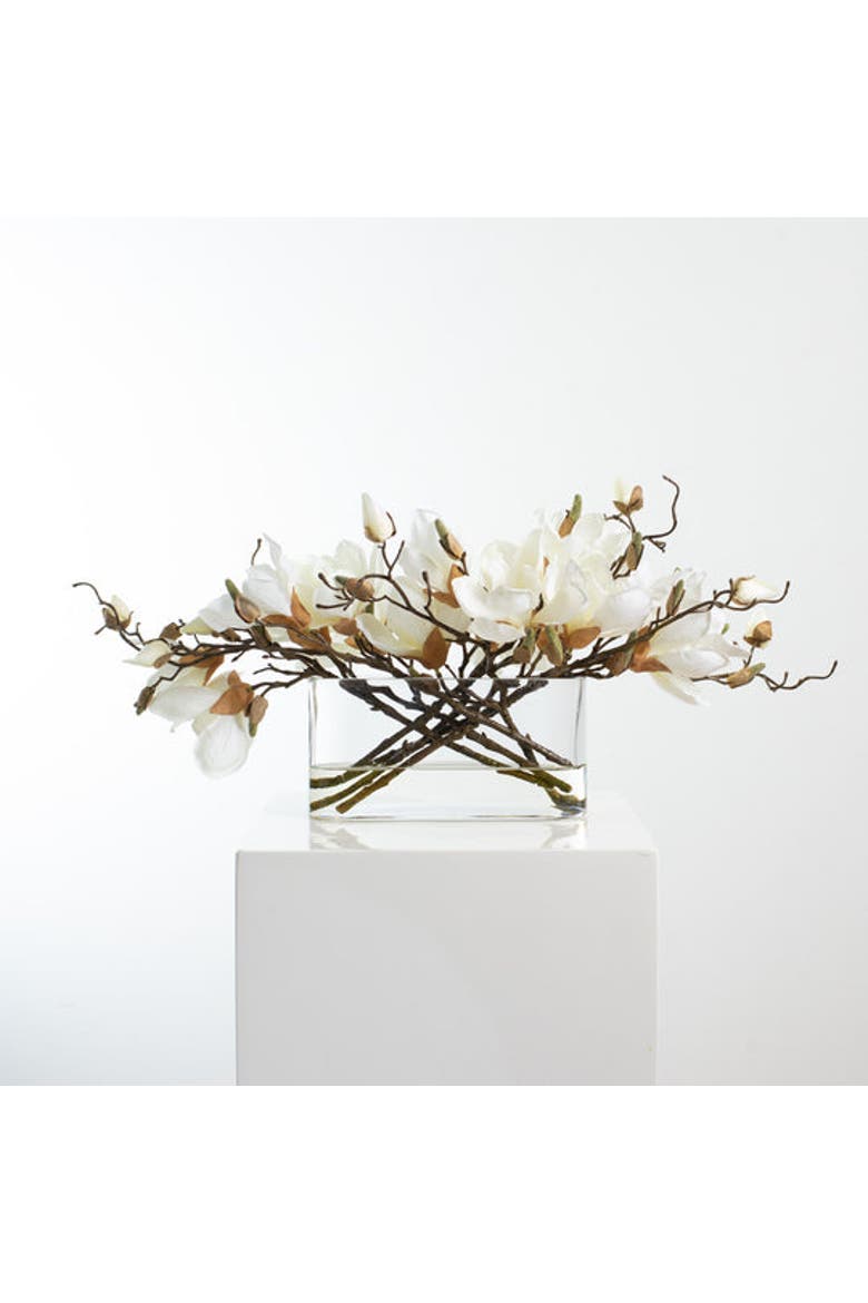 White Magnolia Blossom Branch Centerpiece Water Illusion Arrangement in Oval Pocket Vase, Alternate, color, White
