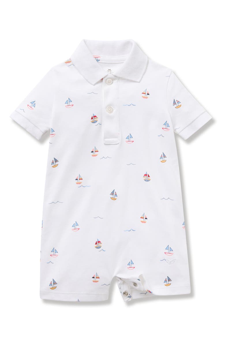 Petite Plume Sailboat Print Pima Cotton Polo Romper, Main, color, White