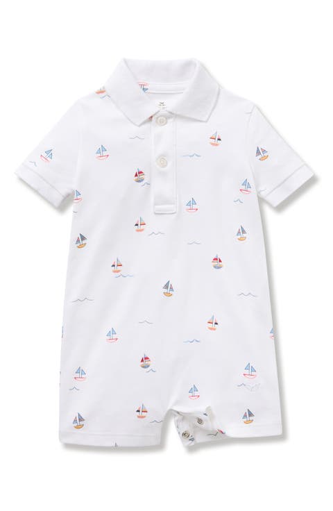 Sailboat Print Pima Cotton Polo Romper (Baby)
