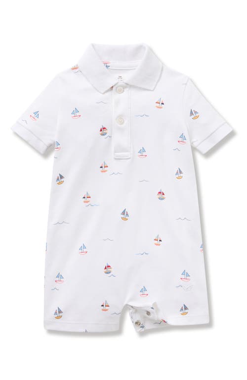 Petite Plume Sailboat Print Pima Cotton Polo Romper In White