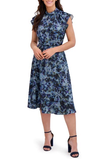 London Times Flutter Sleeve Fit & Flare Midi Dress In Blue