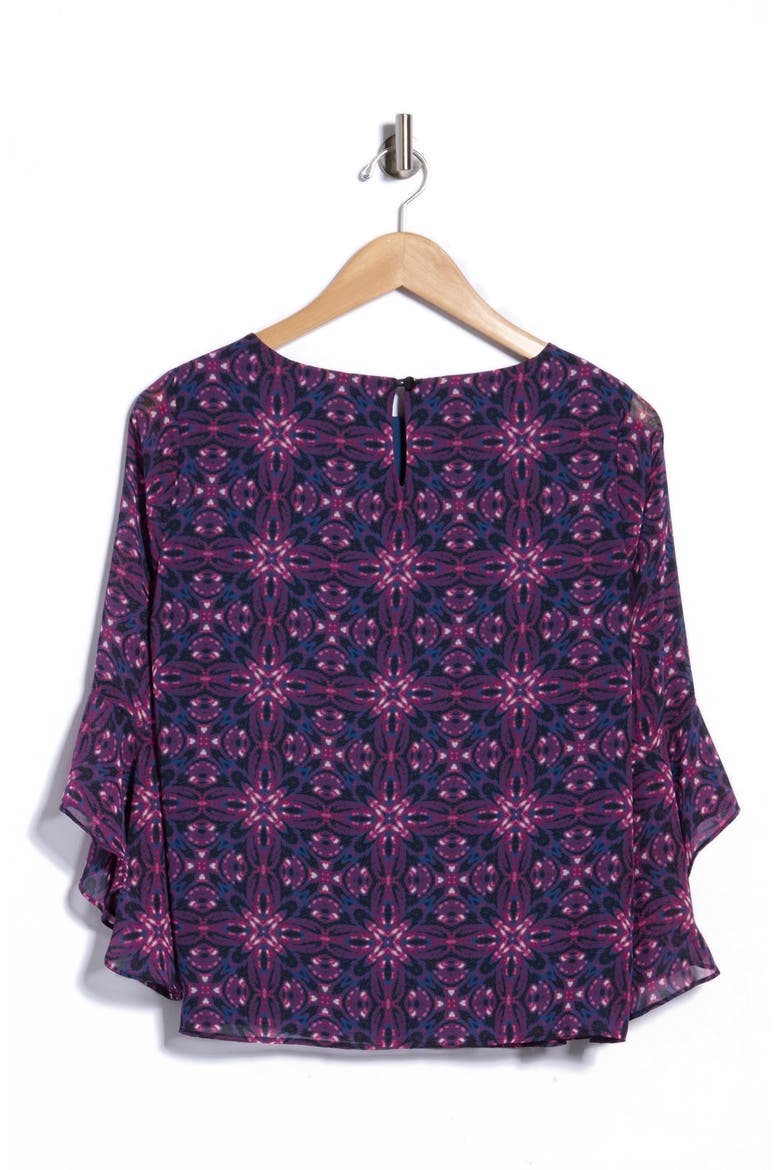 Ruffle Sleeve Print Top, Alternate, color, BLACK/ PURPLE MULTI
