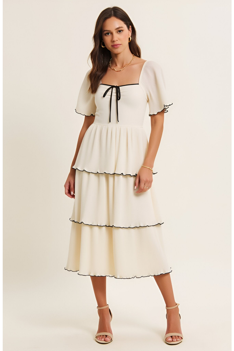 Tiered Pleated Midi Dress with Flutter Sleeves and Contrast Trim, Main, color, Ivory