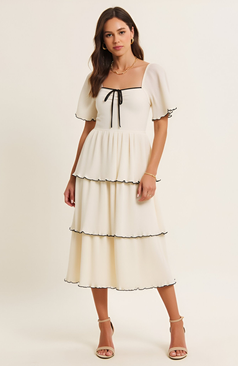 Tiered Pleated Midi Dress with Flutter Sleeves and Contrast Trim