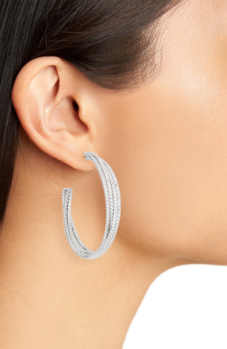 NORDSTROM RACK Textured Four Row Hoop Earrings, Alternate, color, Silver