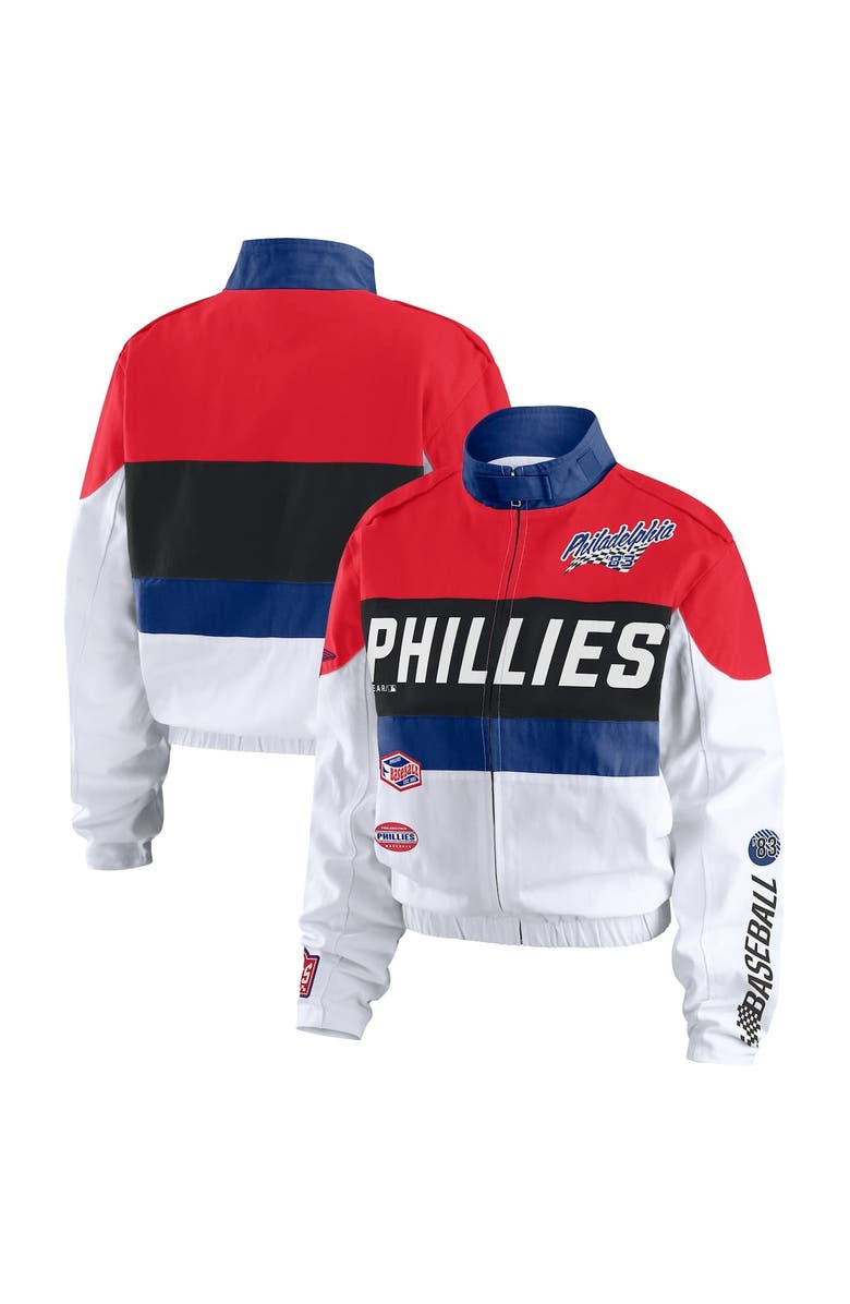 WEAR by Erin Andrews Women's WEAR by Erin Andrews  Red/White Philadelphia Phillies Racing Full-Zip Jacket, Main, color, Red