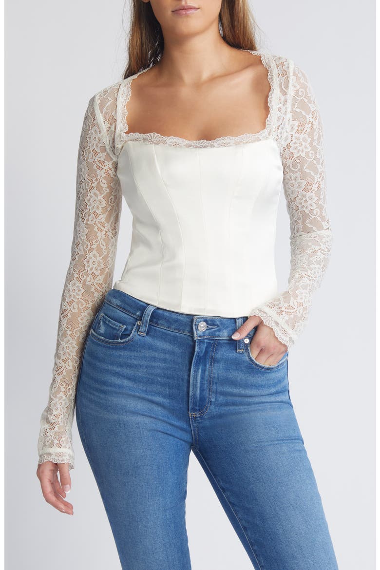 Long Sleeve Lace & Satin Corset Top, Main, color, IVORY