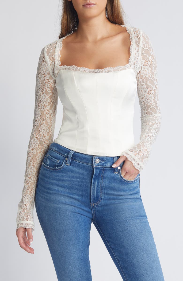 Mistress Rocks Long Sleeve Lace & Satin Corset Top, Main, color, Ivory