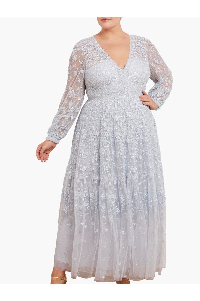 Celestia Ribbon Long Sleeve V-Neck Gown, Main, color, Blue