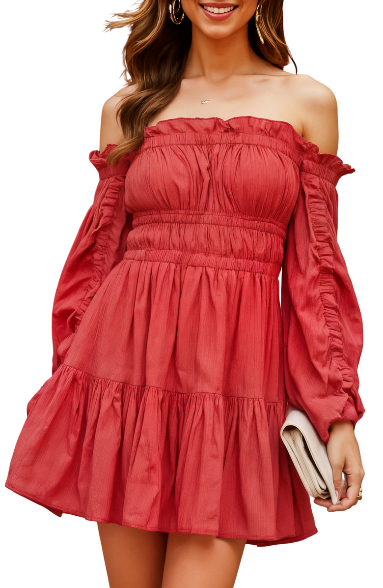 Knit and Lounge Off-Shoulder Smocked Mini Dress with Puff Sleeves, Main, color, 