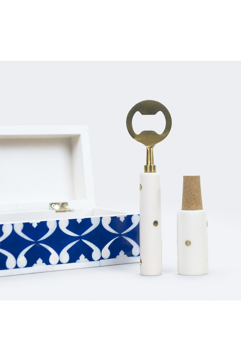 Lattice Bar Accessories Gift Set, Wooden Box with Bottle Opener & Stopper, Alternate, color, Lattice Blue