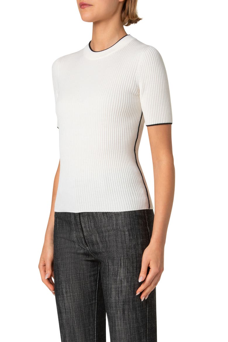 Short Sleeve Virgin Wool Rib Sweater, Alternate, color, CREAM BLACK
