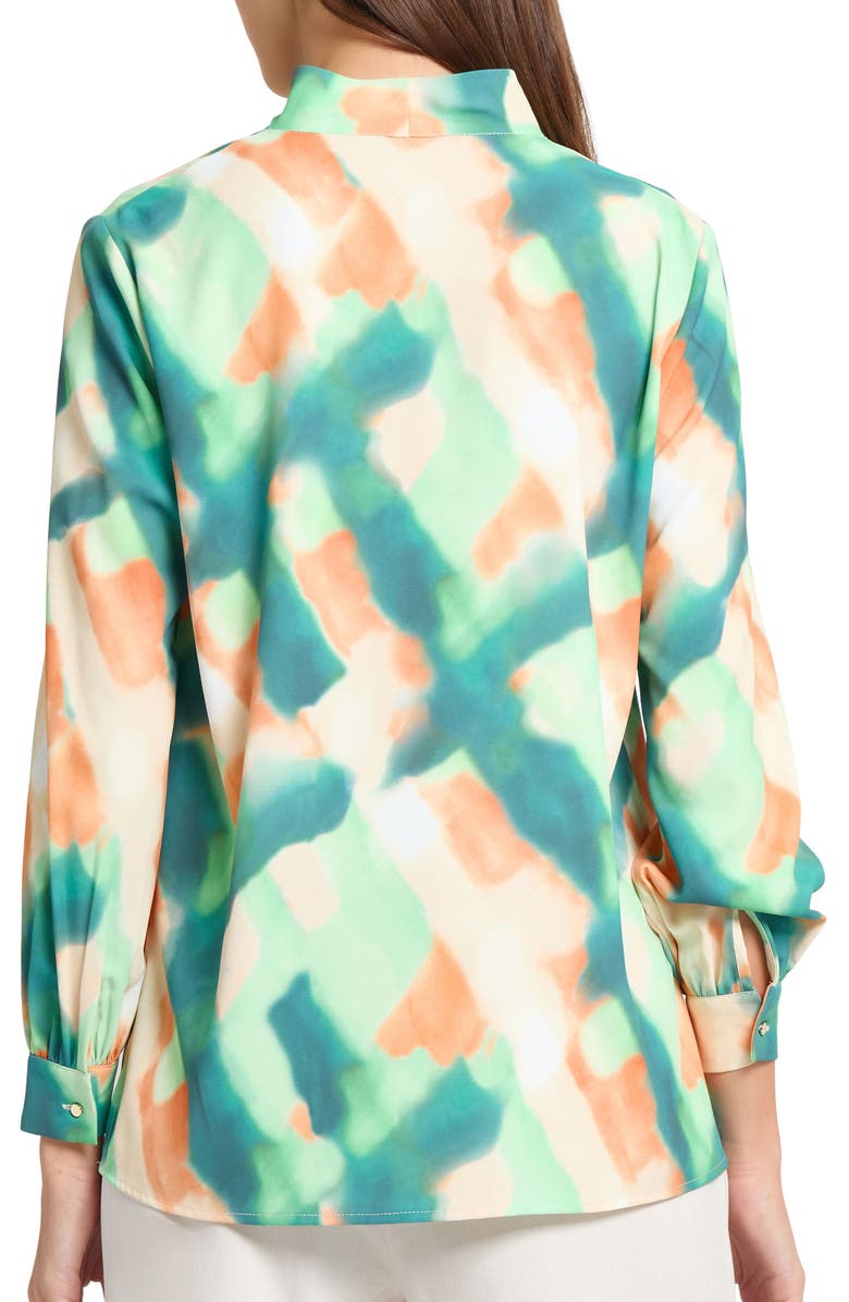 Misook Abstract Print Crêpe de Chine Stand Collar Button-Up Shirt, Alternate, color, Pale Green/Multi