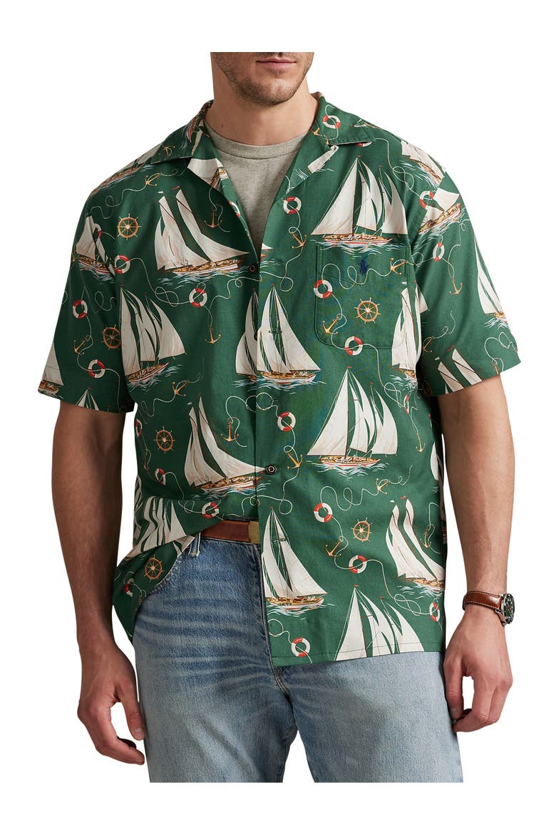 Big & Tall Sailboat-Print Oxford Camp Shirt, Main, color, HELMS ANCHORS