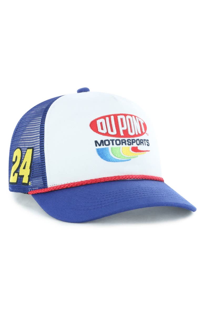 '47 Men's '47 White/Royal Jeff Gordon DuPont Rope Adjustable Trucker Hat, Main, color, White