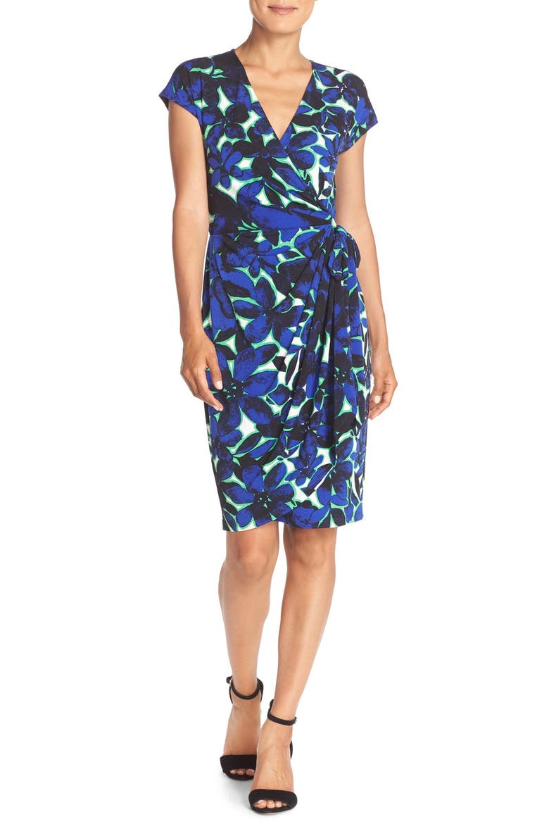 Print Wrap Dress, Alternate, color, BLUE/ GREEN MULTI