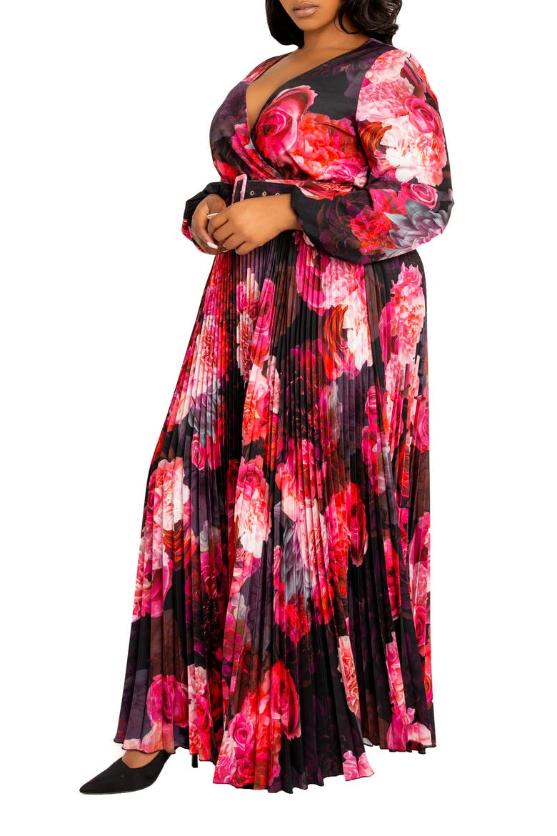Floral Long Sleeve Pleated Maxi Dress, Alternate, color, BLACK MULTI